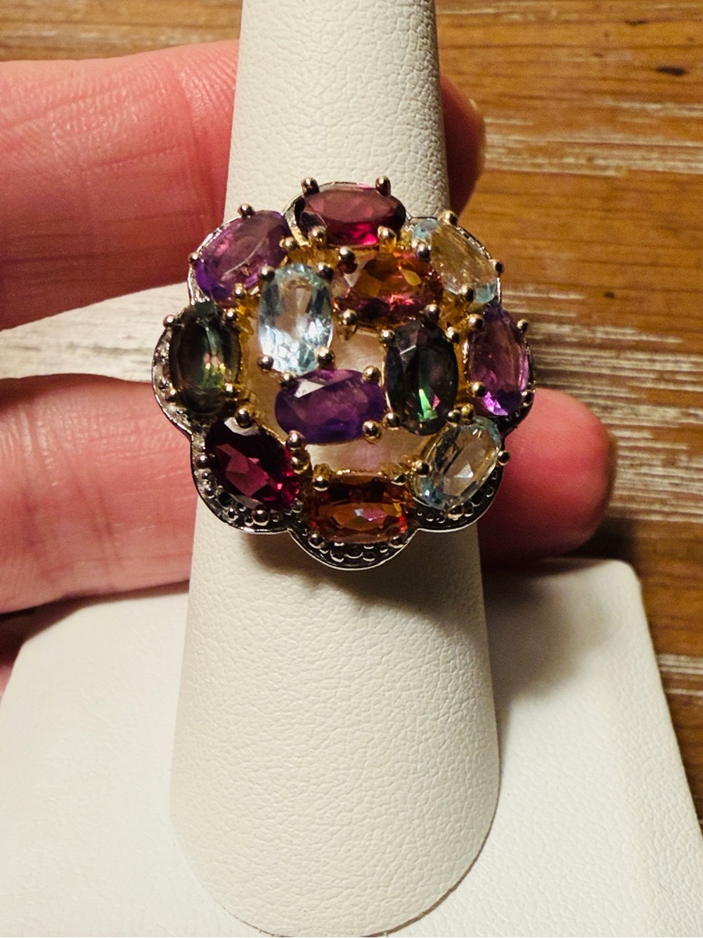 Vintage CID Sterling Silver Rainbow Gemstone Cluster Ring - Sz 8